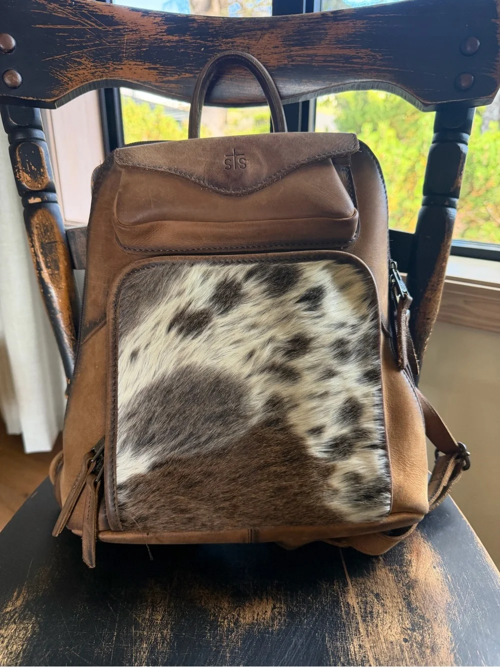 STS Ranchwear Brown Leather Backpack with Spotted Cowhide Front